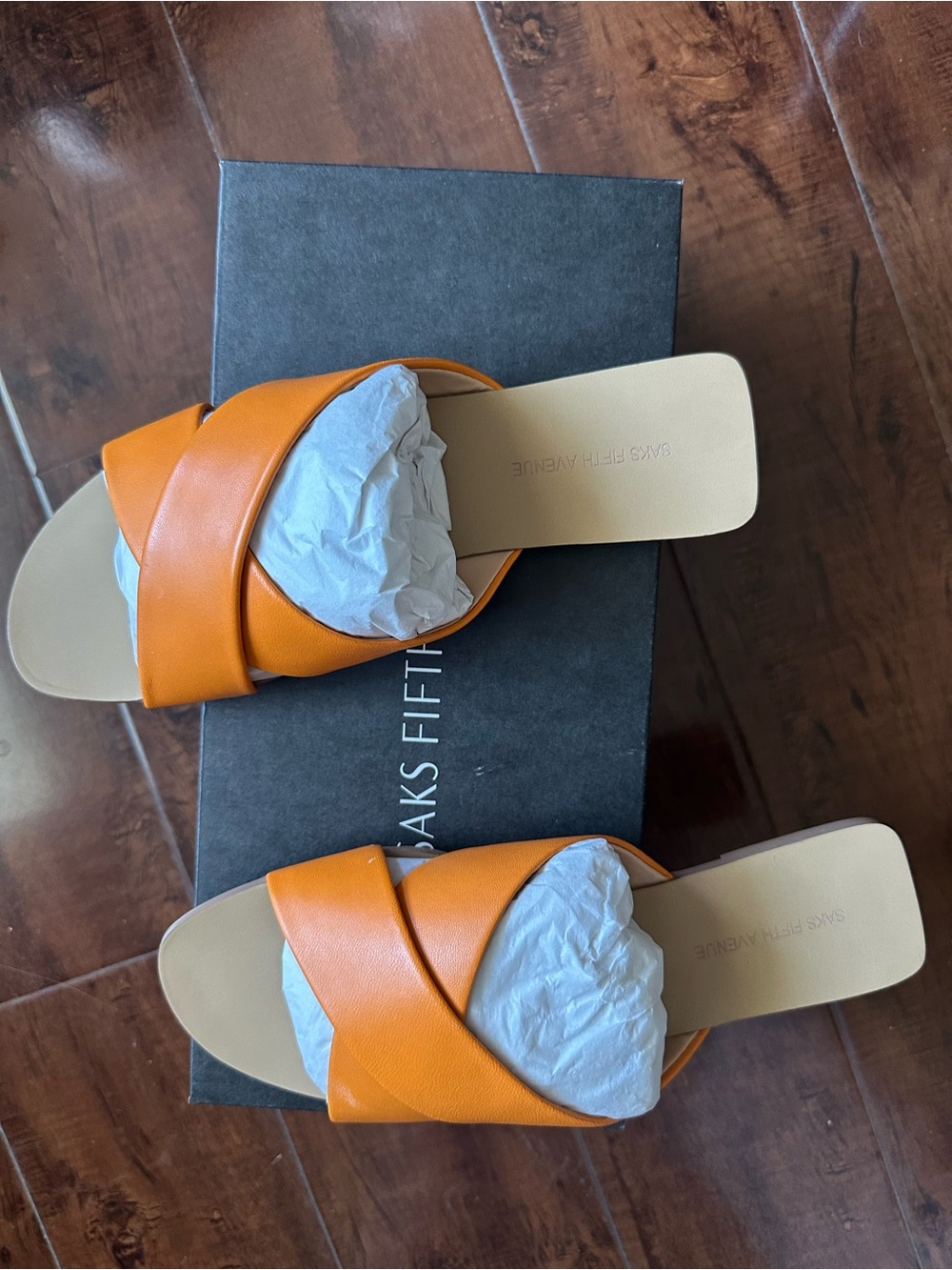 Saks Fifth Avenue Orange Leather Slide Sandals